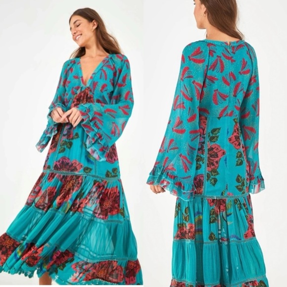 L11. {Anthro} Farm Rio Mixed Turquoise maxi dress - Picture 1 of 4
